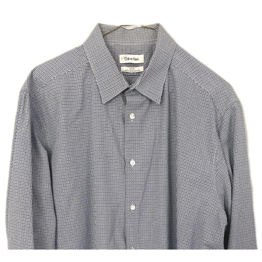 Calvin Klein Shirt Men 17.5 (36/37) Blue Gingham Slim Fit Non Iron Performance